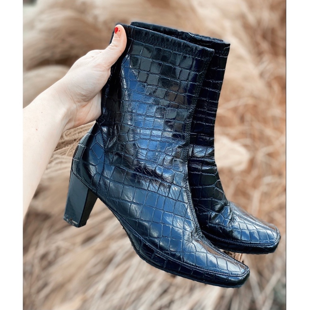 Vintage Faux Croc Patent Leather Heel Ankle Boot